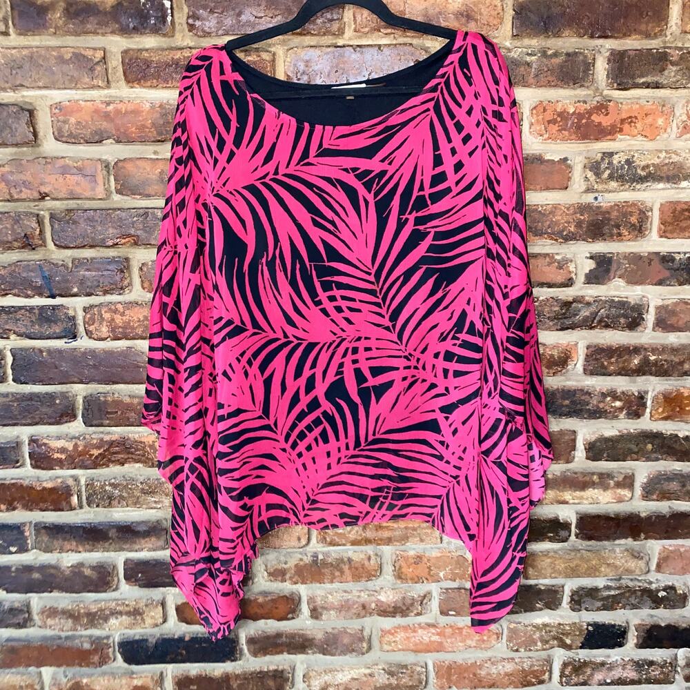 Milano Pink Black Palm Leaf Chiffon Poncho Blouse Top Women's Size 1X